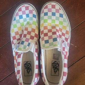 Vans Ladies Slip-On Checkerboard Sneakers in Rainbow Colors